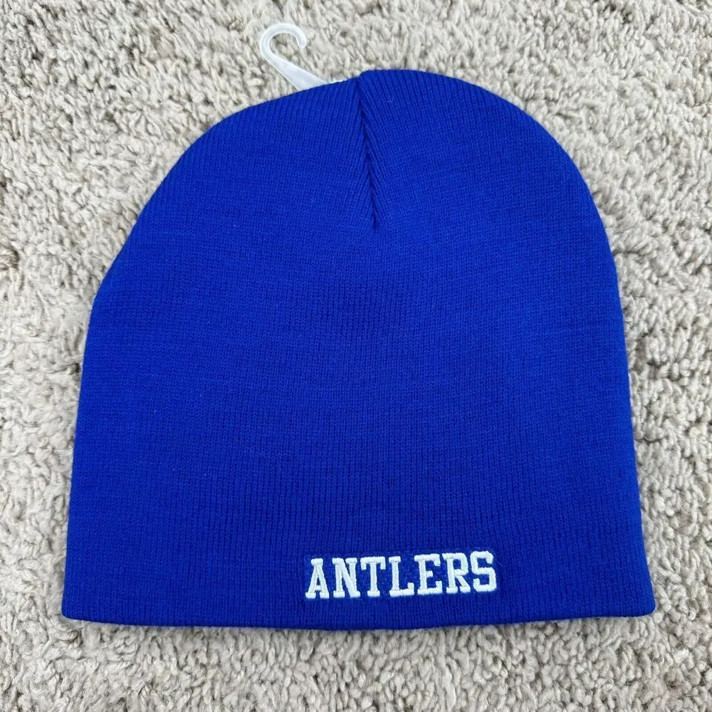 Deer Creek Antlers Beanie Royal Blue Arched White Spellout Cuffless Knit Cap NWT